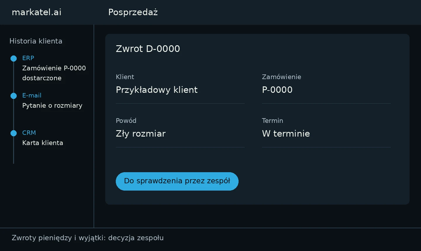 Własna demonstracja: zwrot D-0000 od Przykładowego klienta z powodu złego rozmiaru w zamówieniu P-0000, w terminie, z historią z ERP, e-maila i CRM oraz statusem Do sprawdzenia przez zespół. Fikcyjne dane.