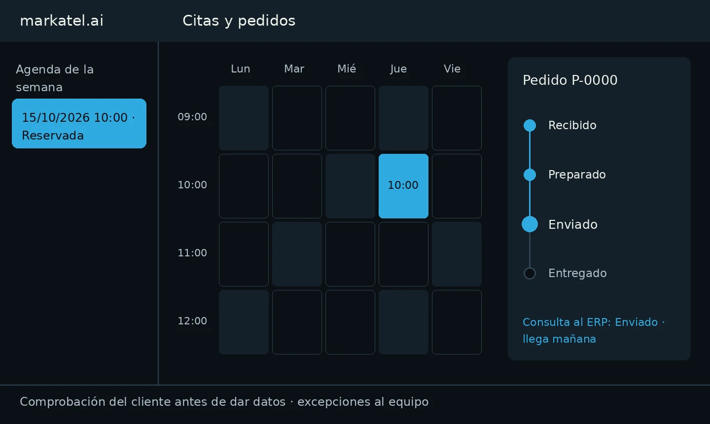 Demostración propia: agenda semanal con una cita reservada el 15/10/2026 10:00 y seguimiento del pedido P-0000 en estado Enviado según el ERP. Datos ficticios.